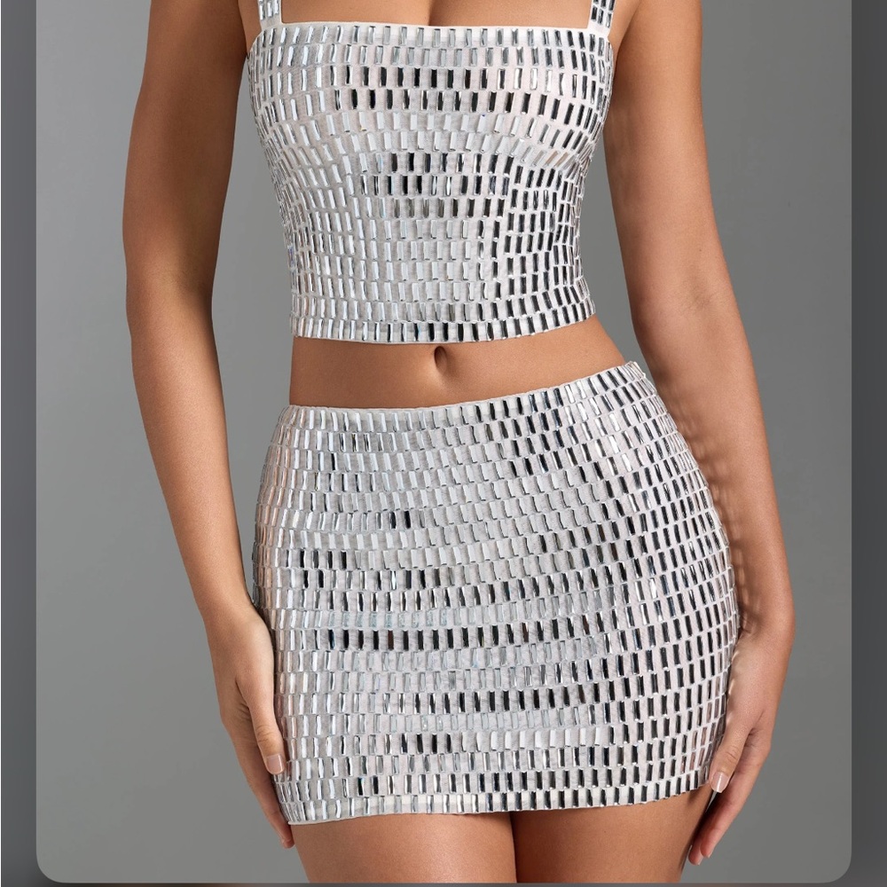 NYE Embellished Low-Rise Micro Mini Skirt in White and silver